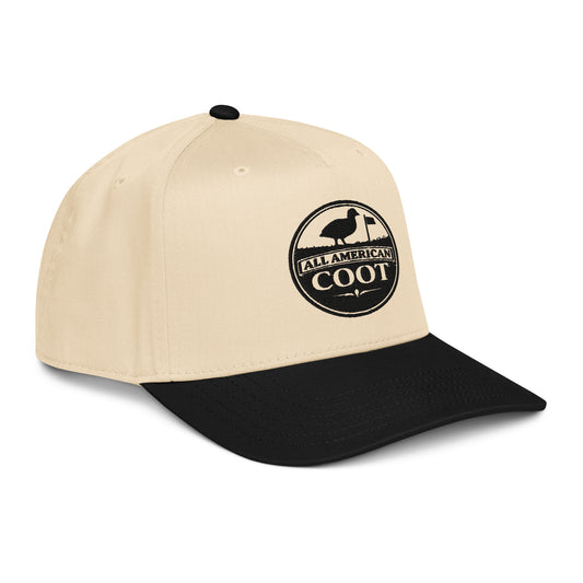 NOK All American black 5-panel baseball cap with coot graphic, right front view