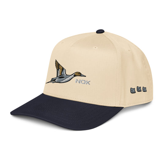 NOK Bull Sprig navy 5-panel cap with pintail duck embroidery, left front view