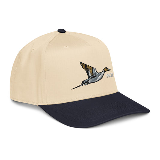 NOK Bull Sprig navy 5-panel cap with pintail duck embroidery, right front view
