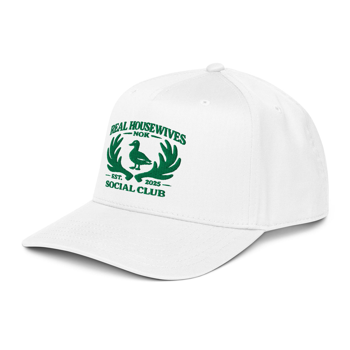 Real Housewives of NOK white 5-panel cap, left front view
