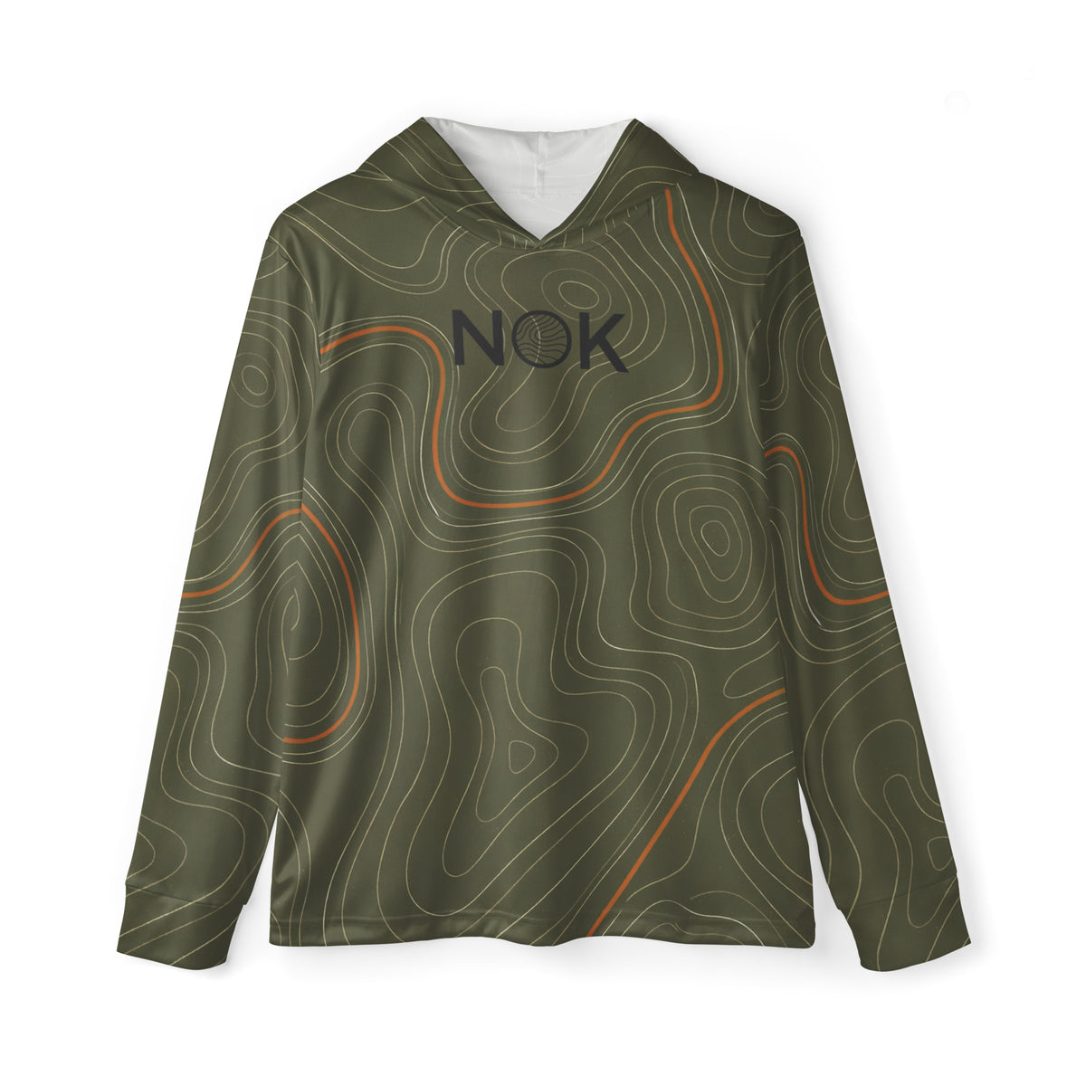 NOK Topo Treeline UPF 50 performance hoodie, topographic pattern, front view