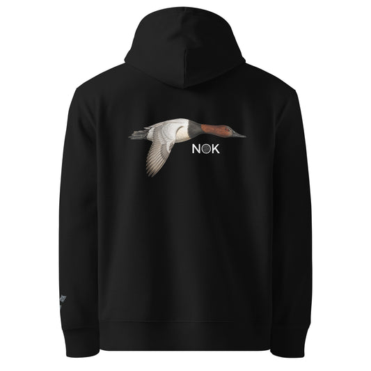 NOK Black Label Bull Can black hoodie, back view with canvasback duck graphic