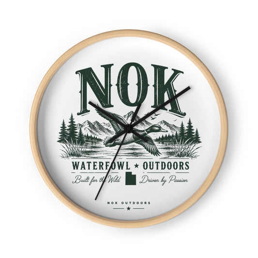 NOK Waterfowl wall clock, wood frame with black clock hands, front view